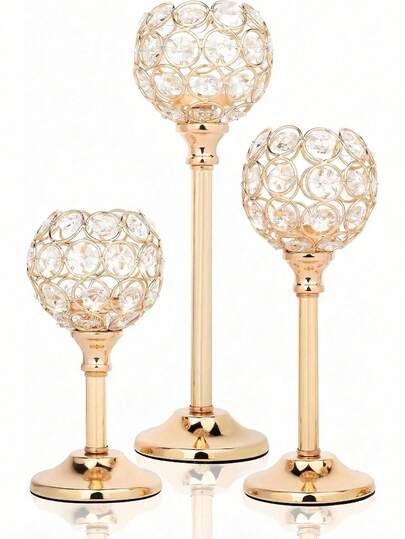 一套3个金色水晶碗烛台，金属水晶茶蜡烛台，高挑水晶小烛台，优雅水晶烛台，适用于餐桌中心装饰、婚礼蜡烛装饰、房间装饰、生日毕业礼物等。