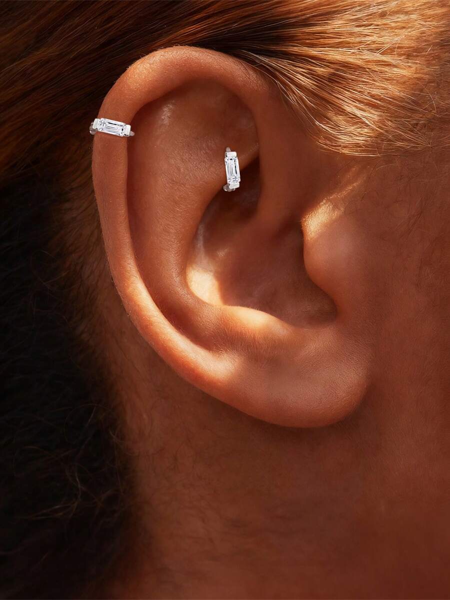 1pc 925 Sterling Silver Square Moissanite Cartilage Hoop Earring, 18K Gold Plated, Daily Wear, Party, Anniversary, Valentine's Day, Wedding Bridal Jewelry - Silver - View 1