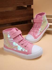 High Top Kids Sneakers Breathable Non Slip Glitter Canvas Shoes Cute Hook Loop Walking Casual Shoes For Toddler Boys And Girls Everyday Wear - Kim sa màu hồng - Xem 4