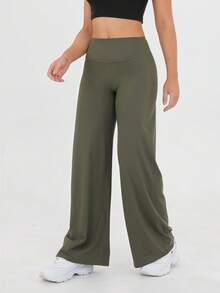 Women's Spring And Summer High Waisted Sports And Leisure Yoga Outdoor Wide Leg Pants, High Waisted Design, Loose Hanging, Daily Slimming, Versatile Solid Color, Suitable For Outdoor Sports, Fitness Yoga, Commuting, And Street Wear - 橄欖綠 - 查看 7