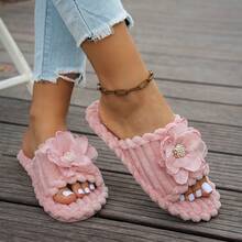 Women's Slip-On Slippers, Solid Pink Fairy Fabric Applique, Fashionable Casual, Open Toe, Spring 2026 New Arrival - Pink - View 4