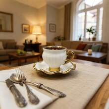 Keramik Runde gepunktete Untertasse & Tasse Set, handgemalt in Gold, Weiß, Schwarz, gesund für Kaffee & Wasser, Heimdekoration, Party Keramik Tasse & Untertasse Geschenkset - Verschiedenfarbig - Übersicht 9