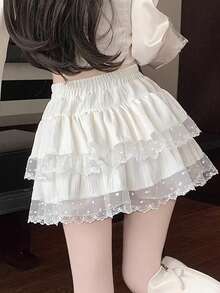 女士夏季蕾丝休闲多层蓬蓬裙，纯真甜美少女风迷你裙 - 杏色 - 查看 2