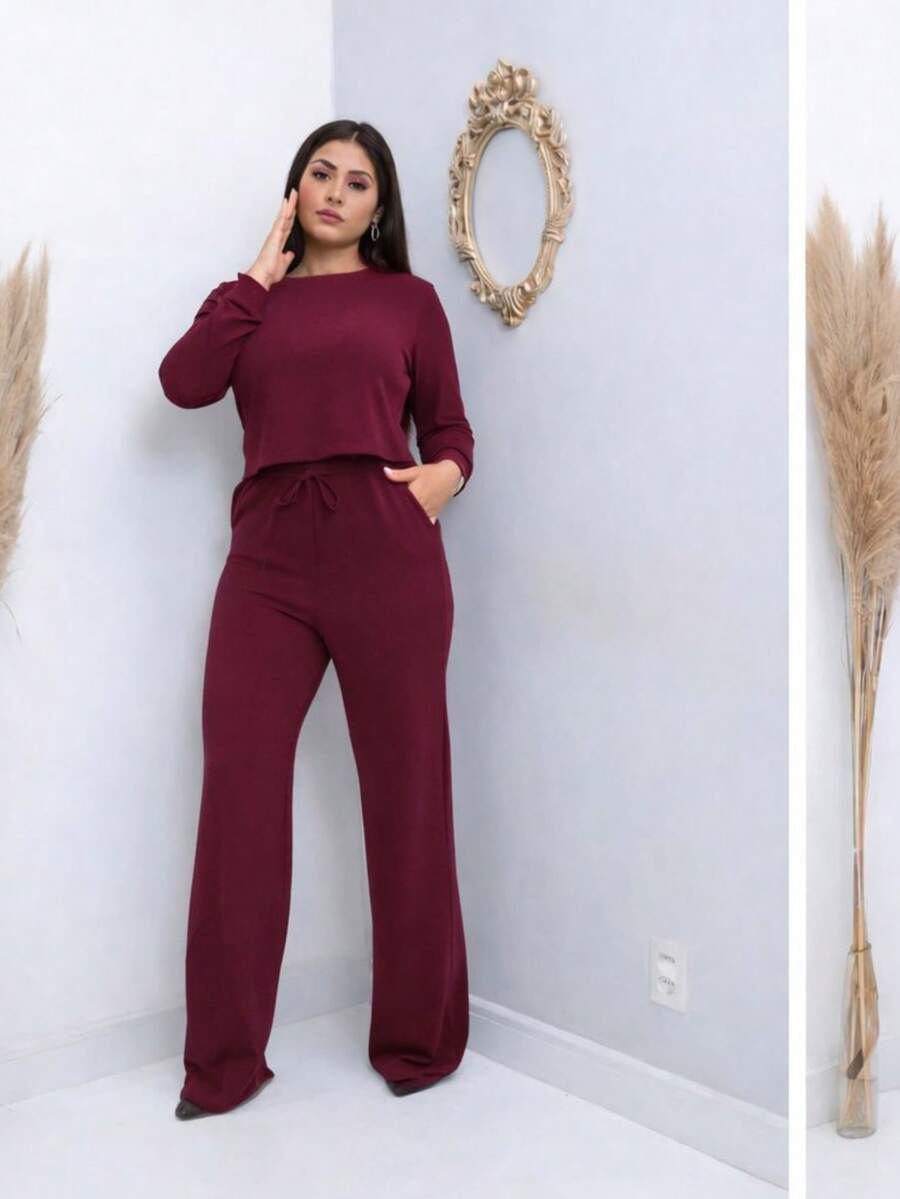 Women's Fleece Set With Pockets - Long-Sleeved Blouse And Wide-Leg Pants - - Burdeos - Ver 1