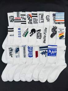 5 双/套 男士随机白色字母条纹恐龙与机器人印花滑板运动中筒袜，秋季 - 白色 - 查看 8
