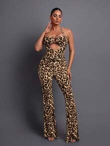 Leopard Print Backless Jumpsuit, Elegant High-End Party Outfit, Flared Leg Design Suitable For Banquet, Fashion Photography, Romantic Evening Gala, Sophisticated Gathering Spring Wedding - Brown - View 5