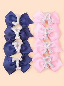 1 pieza Lazo para el cabello con inicial de la A a la Z, color rosa, con perlas y diamante de imitación, clip para el cabello tipo moño de animadora para volver a la escuela y ocasiones especiales - Rosa - Ver 3