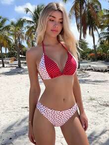 2026夏季新款女士时尚红白波点拼接印花挂脖三角罩杯比基尼套装，复古甜美风三角泳裤两件套，适合海滩、温泉、度假 - 彩色 - 查看 3