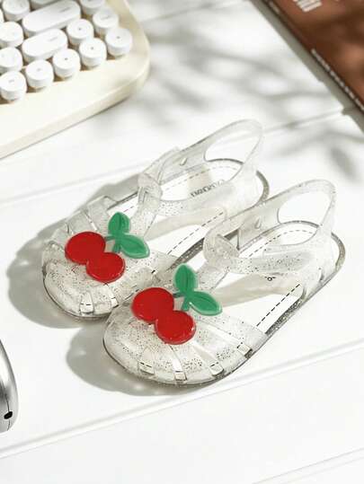 New Girls' White Crystal Shoes, Glittering Jelly Shoes, Princess Shoes, Fruit Cherry Flat Shoes, Suitable For Indoor, Outdoor, Commuting, Travel, Vacation, Comfortable, Lightweight, Easy To Wear, Cute, Suitable For Spring, Summer, Autumn, Girls, Infants, Sandals, Slippers, Suitable As Gifts, Holidays