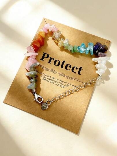 1 Pc Adjustable Size Natural Stone Bracelet, Summer Seaside Vacation Outfit Color Irregular Geometric Shape Protective Natural Stone Bracelet, Women's Jewelry Accessory, Seven Chakra Rainbow Energy Bracelet, Energy Balance, Providing Protection For You, High-Quality Bracelet, Women's Vacation Outfit, Stainless Steel Tail Chain, Bohemian Style Beaded Bracelet, Gift For Women