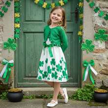 Baby Girls 2Pcs Irish Outfits Sleeveless Shamrock Print Dress + Long Sleeve Cardigan Set Toddler Clothes - 綠色 - 查看 4