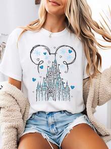 Disney-Style Women's Printed T-Shirt Featuring A Minimalist Mickey Mouse Cartoon Print With An Illustration Of Disney's Magical Castle. This Round-Neck Summer Top Is Crafted From Soft, Comfortable 100% Cotton Fabric, Perfect For Everyday Wear, Outdoor Activities, Or Shopping. It Also Makes An Ideal Choice For Women's Vacation Wear. - 白色 - 查看 1