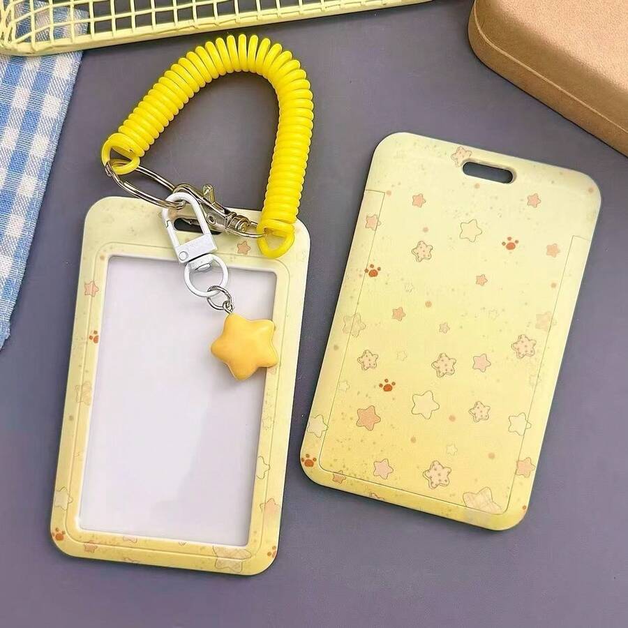1 Set Of K-Pop Photo Card Sleeve, PC Card Box K-Pop ID Card Holder, With Keychain And Yellow Five-Pointed Star Charm Rigid Shell Photo Protector (Yellow) - Card Sleeve + Five-pointed Star + Spring - View 1