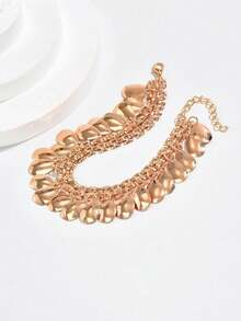 2pcs Metal Chic Creative Elegant Oval Pendant Anklets, Suitable For Daily Casual, Beach, Vacation Wear - Gold - View 2