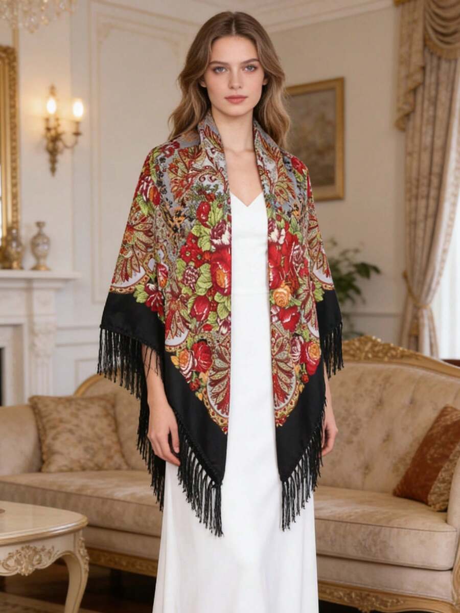 NAAMLOOS 63 Inch Floral Print Polyester Scarf, Oversized Shawl, Wrap, Poncho, Blanket For Women, Autumn/Winter,Beach,Holiday,Accessories,Travel Essential - Multicolor - View 1