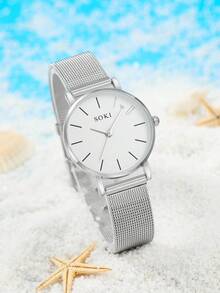 SOKI 女士手表套装，时尚休闲圆形表盘石英表搭配简约链式表带，适合日常佩戴、生日礼物、返校季礼物、感恩节礼物、情侣装（不含表盒） - 銀色 - 查看 3