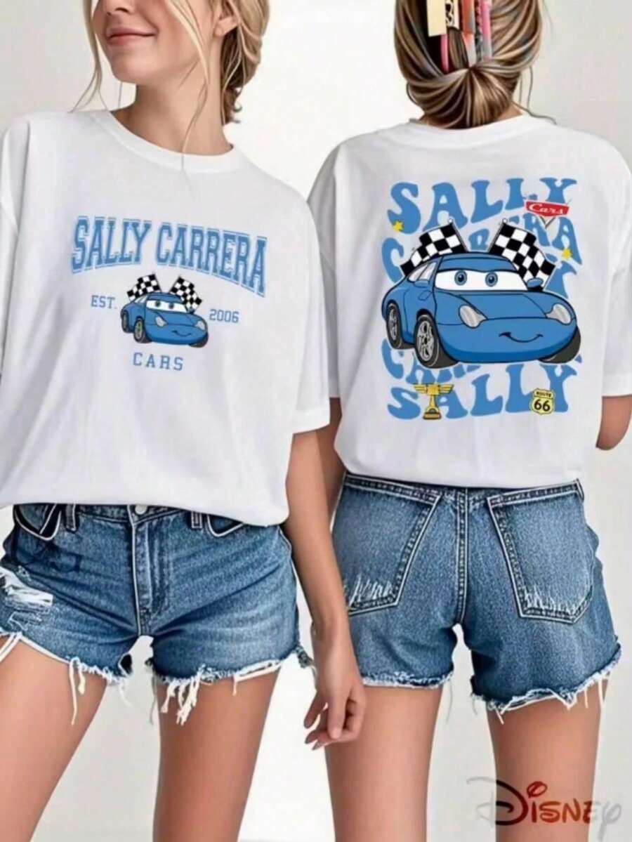 Camiseta casual de algodón con cuello redondo y manga corta con estampado gráfico de Sally Carrera de Disney Cars, top de longitud regular con un ligero estiramiento para comodidad diaria - Blanco - Ver 1