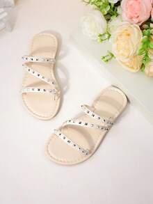 1 Pair Girls' Triple-Strap Studded Slide Sandals For Edgy Casual Summer Wear - Apricot - View 6