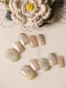 10pcs Press On Nails Light Green Big Flower Light Golden Cat Eyes Press On Nail Supplies Fake Nails Short Office DailyWear False Nails Artificial Nails Kit Includes 1sheet Adhesive Tabs &1 Pc Mini File - Multicolor - View 3