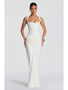 Women's New Spring Slim-Fit Fishbone Strap Long Dress Solid Color Bodycon Dress - 白色 - 查看 4