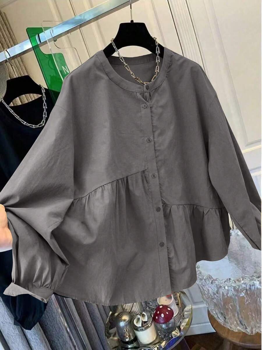 不对称褶裥拼接设计圆领纽扣长袖衬衫 春季 - 灰色 - 查看 1