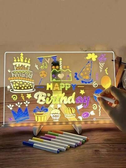 1 Set Of Luminous Drawing Board, LED Acrylic Message Board Memo Board, Educational Painting Toy, USB Powered, With Stand, Rag And Colored Pen, Holiday Birthday Party Painting Decoration Ornaments, Bedroom Bedside Living Room Computer Desk Decoration Lamp, Painting Props, Suitable For Hotel Restaurant Office Home Desktop Decoration, Friend Gift Party Gift,