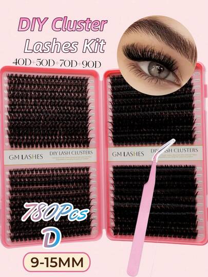 780pcs D-Curl Fluffy False Eyelashes, 9-15mm Length, 40D+50D+70D+90D High Density Lash Book, Suitable For Beginners, Soft & Voluminous, Natural Look, Easy DIY Segmented Fake Lashes