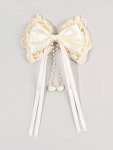 1pc White Beige Mesh Mother's Day Hair Bows, Elegant Ribbon Hairpin, Lace Pearl Heart Alligator Clips Bow Hair Clips, Ballet Style Wedding Spring Summer Barrettes, Sweet Hair Accessories For Girls - Multicolor - View 2