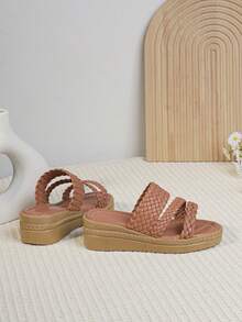 1 đôi sandal đế xuồng dệt kim hở mũi thời trang mùa hè tối giản dành cho bé gái, đế dày, kiểu dáng đi biển. - màu nâu - Xem 9