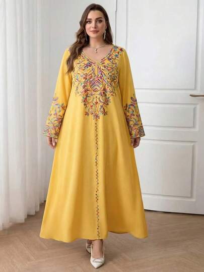 فستان طباعي بياقة على شكل حرف V مقاس كبير، موضة أوروبية وأمريكية، فستان ماكسي مقاس كبير فضفاض بأكمام طويلة للموسم الربيعي