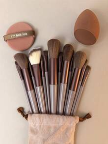 13pcs Makeup Brush Set + 6pcs Brown Makeup Sponges, Including Eyeshadow Brush, Foundation Brush, BB Cream Brush, Concealer Brush, Soft Multi-Functional Makeup Tools, Portable And Travel-Friendly, Suitable For Vacation, Beach And Ideal Gift For Women And Girls. Set Includes: Foundation Brush, Concealer Brush, Blush Brush, Contour Brush, Powder Brush, Foundation Brush, Blush Brush.,Giveaways - Multicolor - View 14