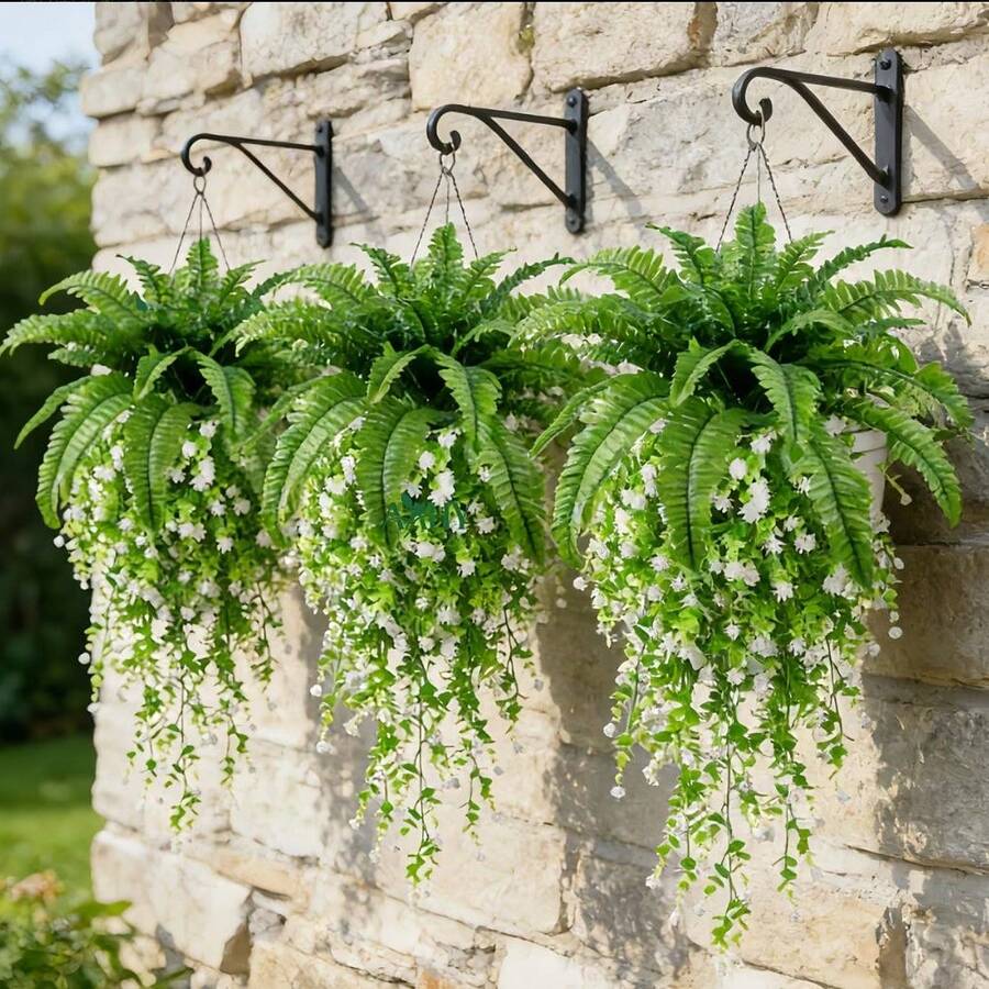 4件套大型波士顿蕨和山茶花壁挂组合，户外 - 婚礼花园现代装饰 | 花园和露台装饰，免维护 - 非常适合春季、情人节、母亲节、复活节、圣帕特里克节、生日、周年纪念日、室内/室外人造花卉装饰、家居节日装饰 - 白色 - 查看 1