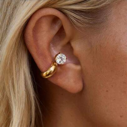 VKHK 1 Pair 18K Gold Plated Stainless Steel Zirconia Decorated Clip-On Earrings, Suitable For Women's Daily And Party Wear, Gift