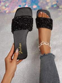 舒适、时尚、宽松、四季皆宜的黑色水钻女士平底拖鞋 - 黑色 - 查看 12