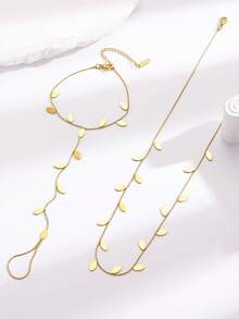 复古优雅简约时尚树叶项链和指链套装，不锈钢首饰，女士首饰套装，百搭日常休闲夏季海滩度假首饰配饰项链手链 - 金色 - 查看 8