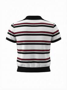 Knit Mix 女士优雅春夏休闲条纹翻领针织套头毛衣，适合日常、居家、通勤、办公穿着。 - 黑色 - 查看 2