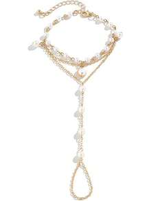 Elegant Gold-Tone Adjustable Faux Pearl Beaded Finger Ring, Bracelet, Crystal Zirconia Bracelet Jewelry Gift For Women - Multicolor - View 12