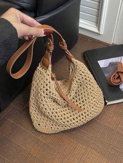 Dedoo Casual Vacation Style Cotton Crocheted Tote Bag, With Hollowed-Out Weaving Craftsmanship, A Fresh And Relaxed Feel. It's A Large-Capacity Crescent-Shaped Casual Shoulder Bag, Suitable For Spring, Summer Or Seaside Outings And Vacations.
