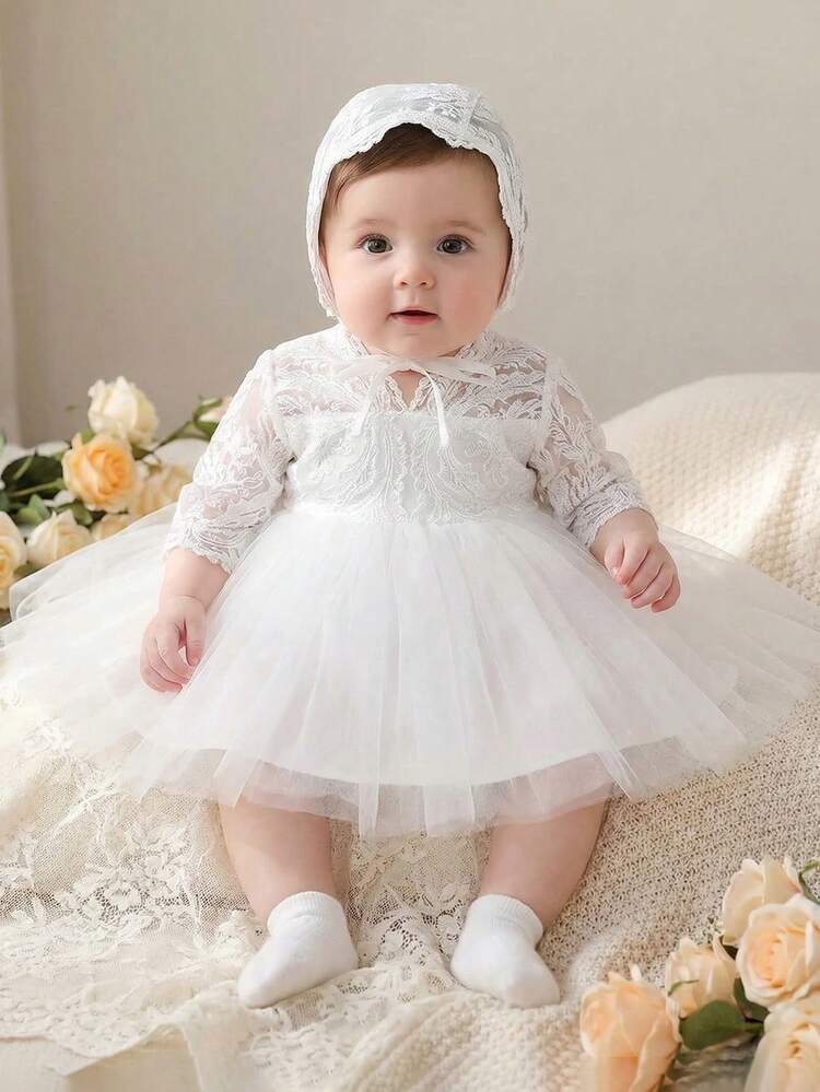 Vestido elegante de niña con encaje bordado y malla en corte A, con decoración de moño 3D, de manga corta, vestido versátil para fiestas, adecuado para salidas diarias, vacaciones, fiestas, cumpleaños, bodas y otras ocasiones - Blanco - Añade 3
