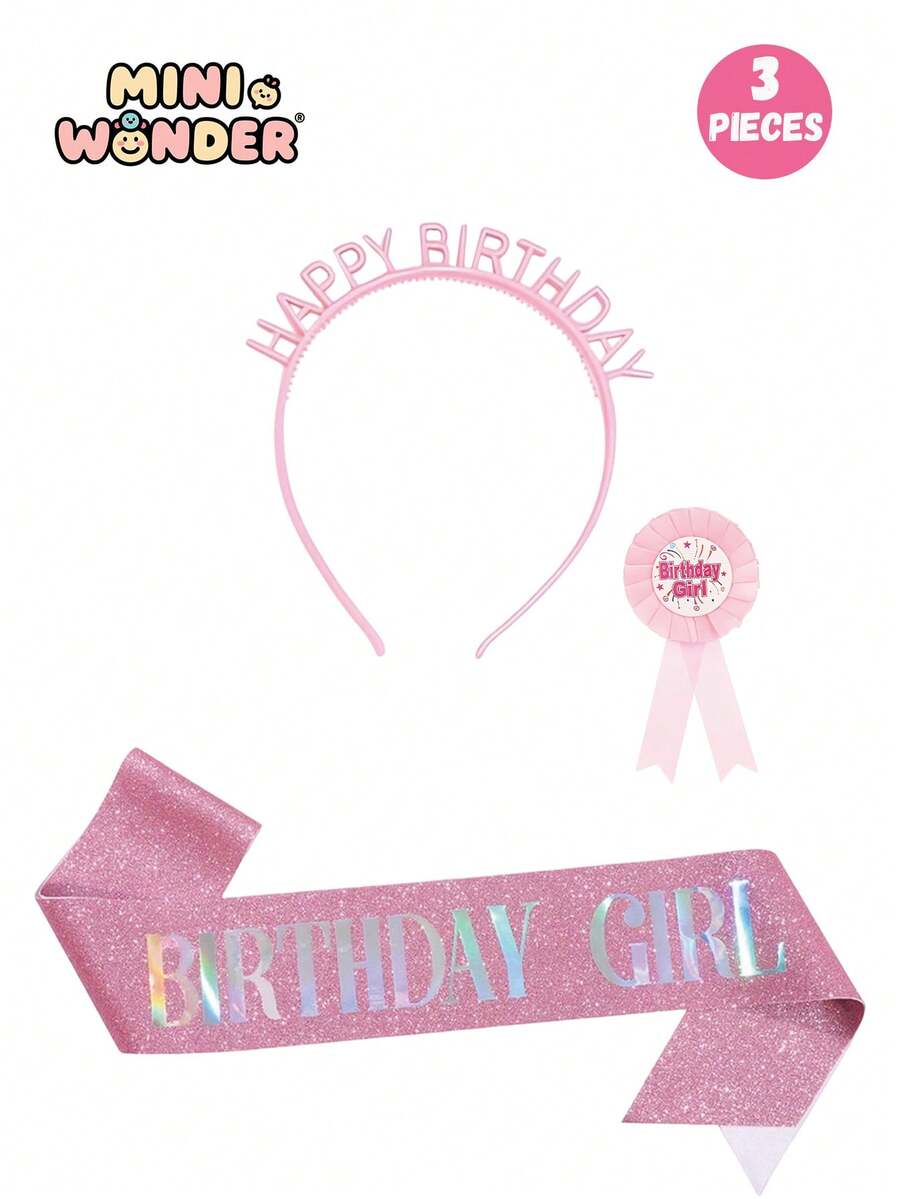 3Pcs Pink Glitter Birthday Girl Set, Happy Birthday Headband & Sash & Badge Kit For Party - Multicolor - View 1