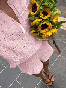 女士两件套，春夏短袖纯色纽扣针织开衫+松紧腰短裤，休闲可爱宽松度假沙滩两件套 粉色 - 粉色 - 查看 4