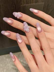 10片装中号椭圆形手工美甲贴纸，适合派对和日常佩戴，“紫色冰花”性感款，3D雕刻渐变猫眼露珠效果，中号椭圆形美甲贴纸，易于佩戴。10片装Y2K风格手工美甲贴纸，适合女孩和女士在节日派对、音乐节和日常佩戴，也是情人节和母亲节的理想礼物。 - 淡紫色 - 查看 3