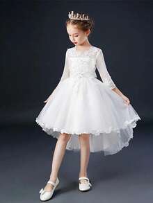 Girls White Half Sleeve High Low Tulle Princess Dress | Lace Appliques Flower Girl Dress For Wedding Pageant Party - trắng - Xem 6