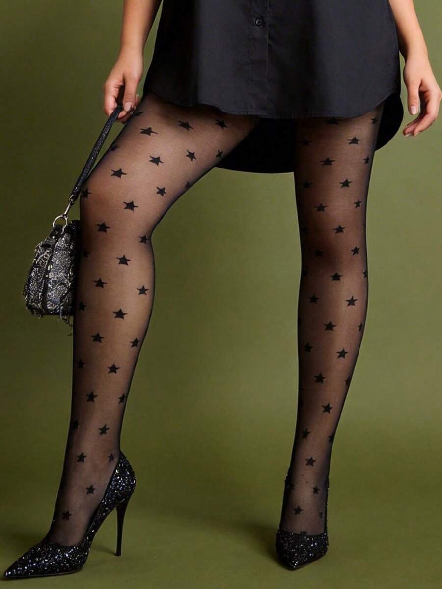 1 pieza Pantimedias transparentes delgadas de 20D para mujeres, mallas negras cómodas y suaves con estampado de estrella geométrica transpirable y sexy, medias con estribo versátiles, adecuadas para el hogar, el trabajo, Halloween, Navidad - Negro - Ver 1