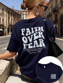1pcs Plus Size Women's T-Shirt, Printed With "FAITH OVER FEAR" And Bible Verse Designs On The Back, Suitable For Church Services, Religious Activities - 藏蓝色 - 查看 18