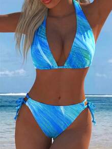 European And American Fashion Backless Bikini 2 Pieces Set Pink Gradient Colorful Print Swimsuit Summer Beach Essential - Blue - View 1