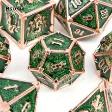 Asixsix 7颗绿色金色骷髅金属骰子，实心金属多面骰子套装，适用于角色扮演游戏、桌游和卡牌游戏 - 綠色 - 查看 8