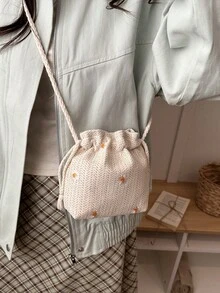 Solid Color Mini Foldable Drawstring Shoulder Bag, Woven Bucket Shoulder Bag (Pattern, Color, And Placement Vary Randomly) - Beige - View 3