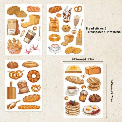 4sheets Vintage Mini Bread Sandwich Food Pattern PP Decorative Stickers,Baking Bread & Dessert Stickers ,Decorating Luggage, Skateboard, Phone, Computer, Scrapbook,School Supplies,Back To School