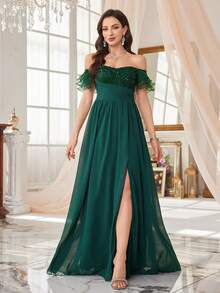 SUPGIR Heart-Shaped Neckline Sequin Pearl Ruffle Mesh Three-Layer Sleeve Waist Pleated Split Chiffon Formal Dress - Dark Green - View 3